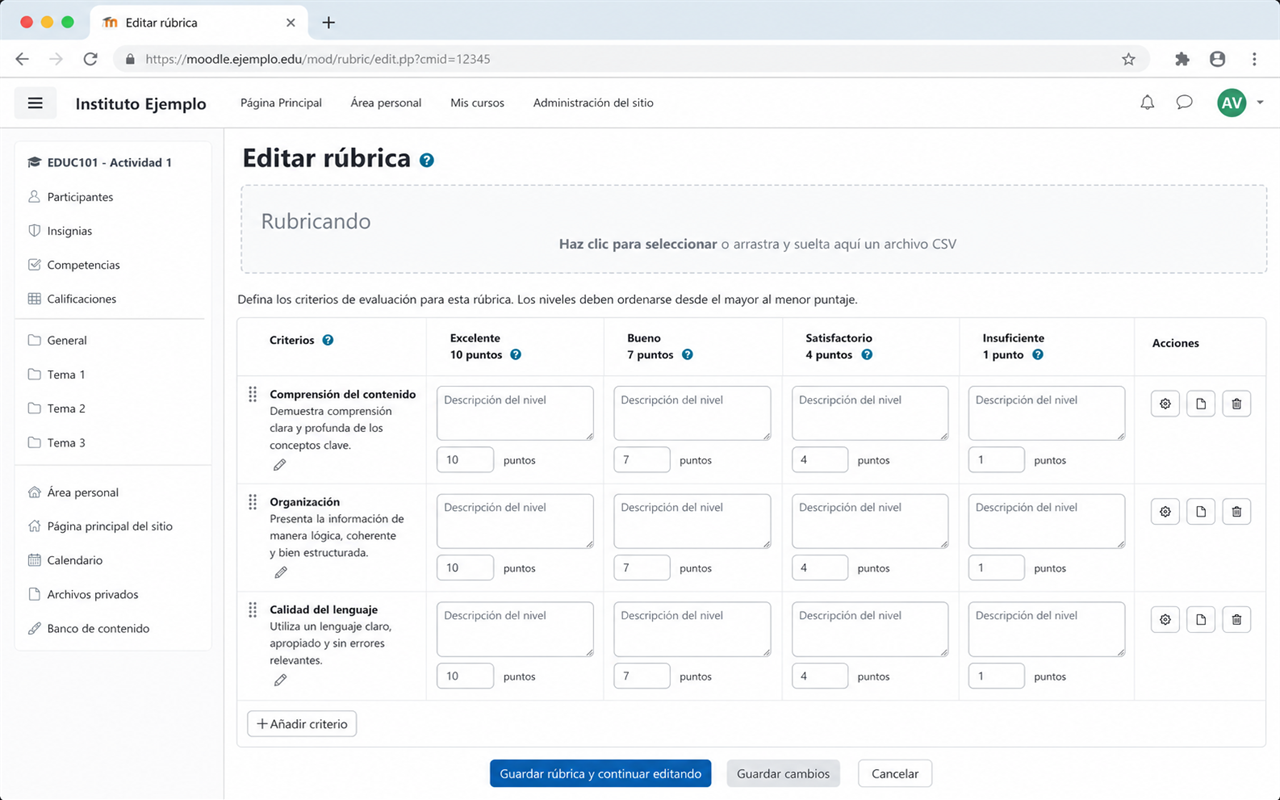 Zona de importación de Rubricando dentro de una página de edición de rúbricas de Moodle