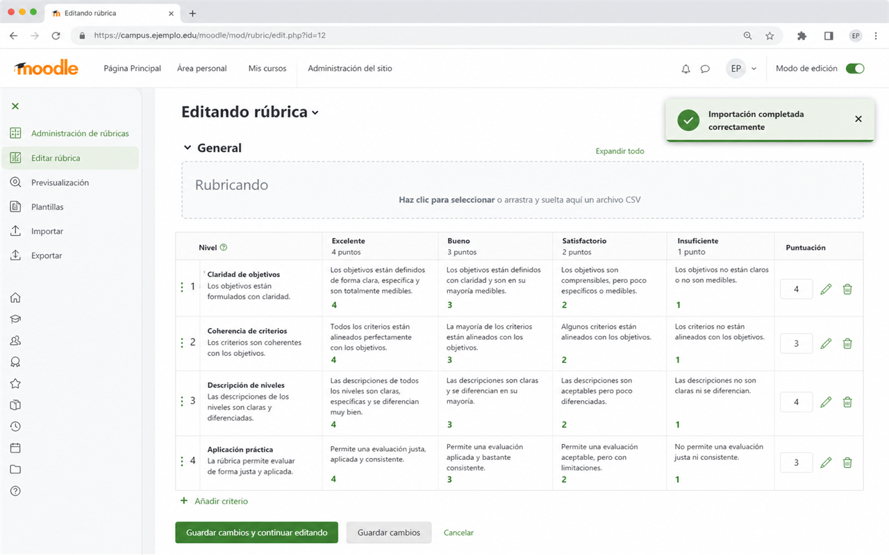 Contenido de la rúbrica importado en Moodle con confirmación de éxito